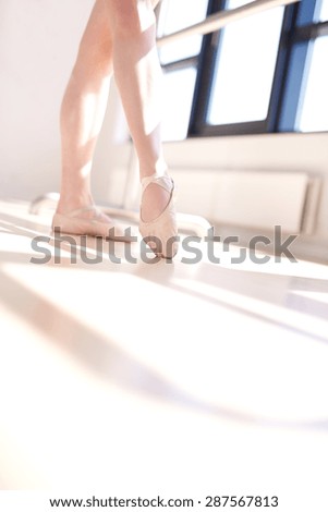Low Angle View of Ballerina Wearing Pink Tutu Doing Barre Exercises, Pointing Toe in Fourth Position, in Sunny Dance Studio