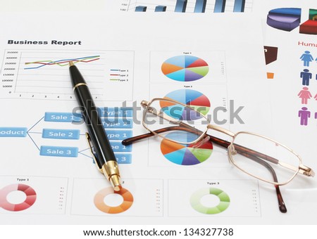 image of info graphics for business report with pen glasses and necktie