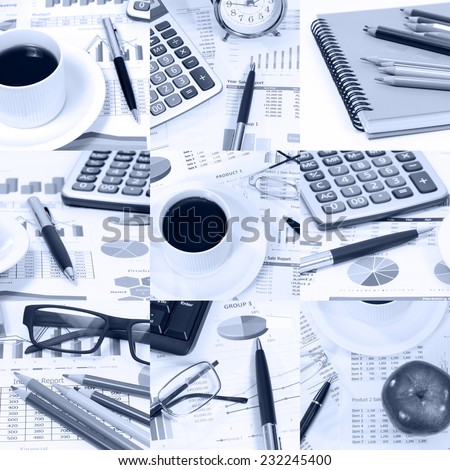 business images with financial report coffee pen and calculator at workplace