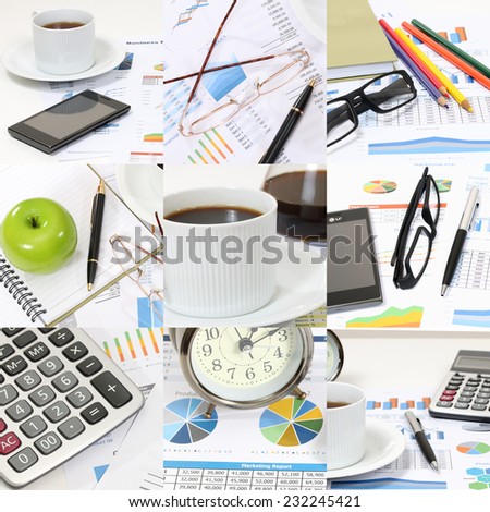 business images with financial report coffee pen and calculator at workplace