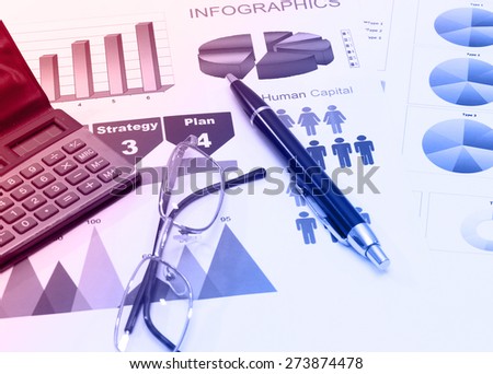 closeup image of graphics for business report with pen glasses and calculator