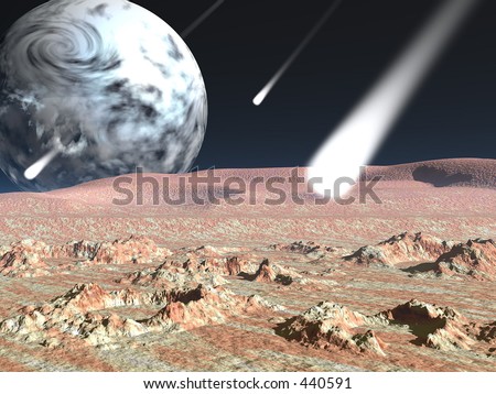 Comets hitting a planet with another planet in the backgroun