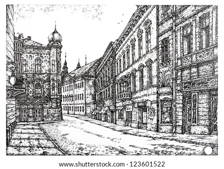 old streets of European cities. Graphic drawing pen