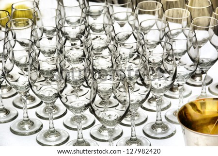 Array of glasses on white table - metallic colors. Shot in Stellenbosch, Western Cape, South Africa.