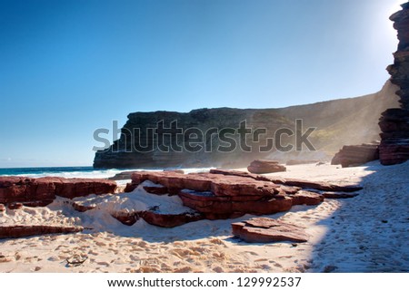 Red rock on misty beach. Shot in the Cape of Good Hope and Cape Point Nature Reserve, Table Mountain National Park, near Cape Town, South Africa.