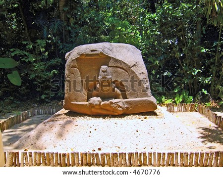 Ancient Maya monument of burial ceremony. Shot in the archaeological park-zoo Parque La Venta (Yucatan, Mexico).