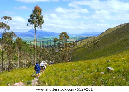 Group hiking in misty majestic mountains walks through valley. Shot in Swartberg Mountains, Caledon, Western Cape, South Africa.