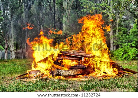 Heap of garbage in fire in forest. Shot in Ukraine.