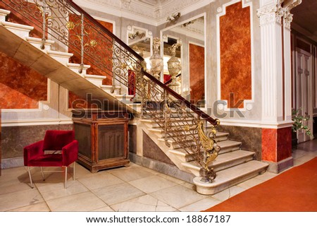 Stairway and mirror inside luxury apartments. Shot in Tolstoy Palace, Odessa, Ukraine.