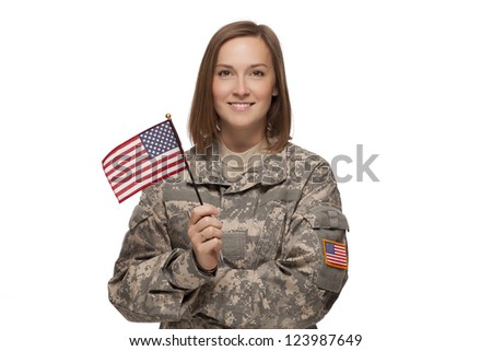Veteran soldier Female holding an American Flag