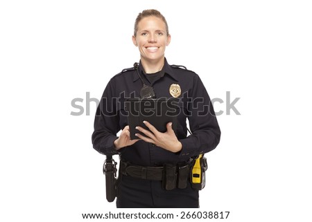 Happy female police officer digital tablet