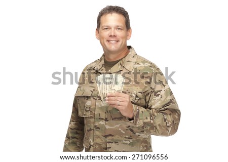 VETERAN SOLDIER | MONEY FOR COLLEGE | PAYDAY LOAN | MILITARY FUNDING| U.S. Army Soldier, Sergeant. Isolated with a smile and cash in hand.