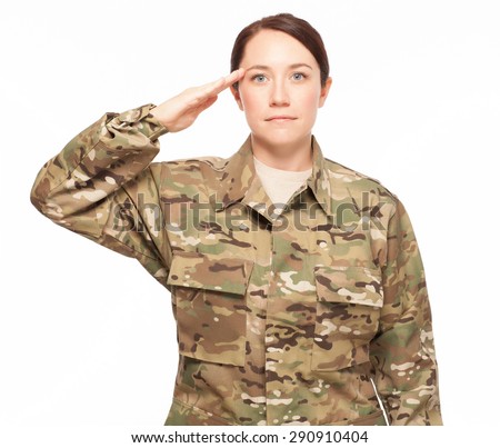 Attractive female Army soldier saluting while wearing multicam camouflage on white background.