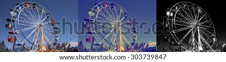 Rustic Ferris wheel at country fair or carnival shown in 3 different filters.
