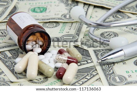 Pills with bottle and paper money.