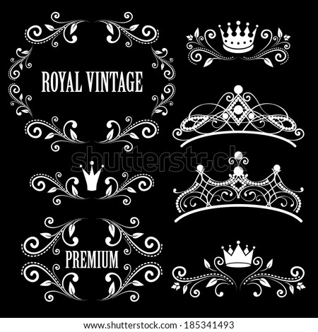 Floral design elements vintage royalty frames with crowns ornamental style diadems in white color Vector illustration Isolated on black background Floral design elements vintage royalty frames with crowns ornamental style diadems in white color Vector illustration Isolated on black background