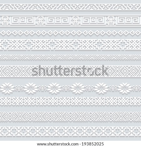 Set collection of white lace horizontal borders with shadow ornamental paper lines isolated on grey background Vector illustration Set collection of white lace horizontal borders with shadow ornamental paper lines isolated on grey background Vector illustration