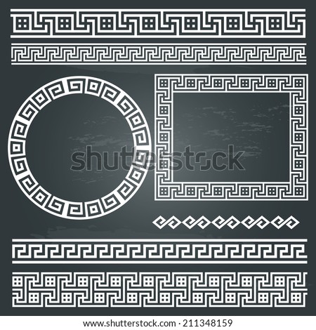 Greek traditional meander border set on chalkboard background Vector antique frame pack Decoration element patterns in white colors Ethnic collections Vector illustrations Greek traditional meander border set on chalkboard background Vector antique frame pack Decoration element patterns in white colors Ethnic collections Vector illustrations