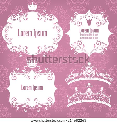 set of white floral frames with crowns isolated on pink purple damask design elements for little princess glamour girl and woman can use for birthday card wedding invitations vector illustration set of white floral frames with crowns isolated on pink purple damask design elements for little princess glamour girl and woman can use for birthday card wedding invitations vector illustration