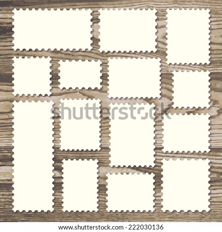 empty blank postage stamps different size in white color isolated on a rustic wooden texture background with shadows. vector illustration.