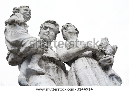 weathered old stone statue of family with children. Isolated on white background