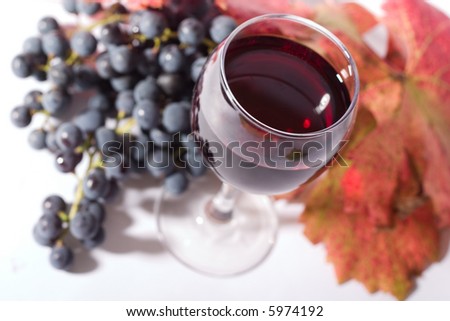 glass of red wine and black grapes. Low DOF, focal point is on wine