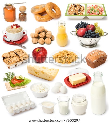 image set of fresh food on white background
