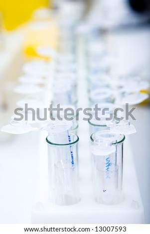 Flasks in lab, very low DOF, copy space on top