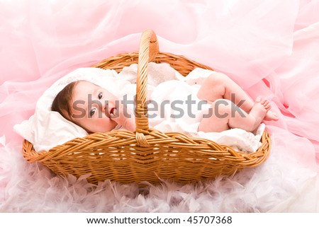 Pictures Cute  Babies on Cute Little Baby Girl Lying In The Basket Stock Photo 45707368