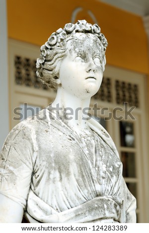 Statue of a Muse Euterpe in the balcony of Achillion princess Sissy\'s palace in Corfu, Greece. Euterpe, the so-called \