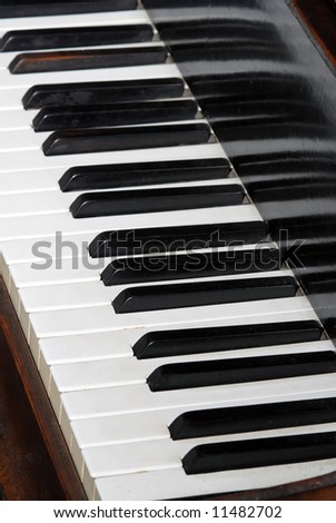 Close-up of piano keyboards, black and white keyboards of old piano instrument