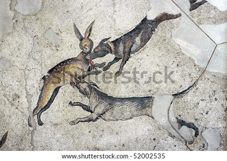 Dogs catching a rabbit, ancient Byzantine mosaic from Istanbul, Turkey
