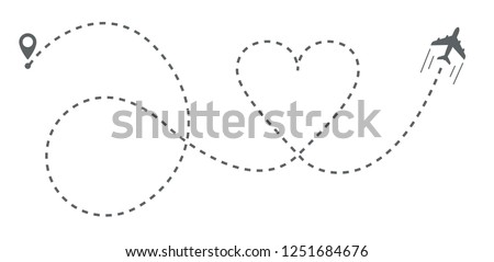 Love travel route. Airplane line path vector icon of air plane flight route with start point and dash line trace