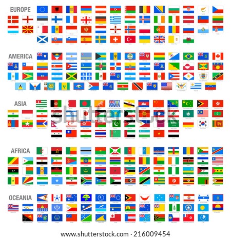 All Vector World Country Flags at High Detail Divided by Continents. All flags are organized by layers with each flag on a single layer properly named.