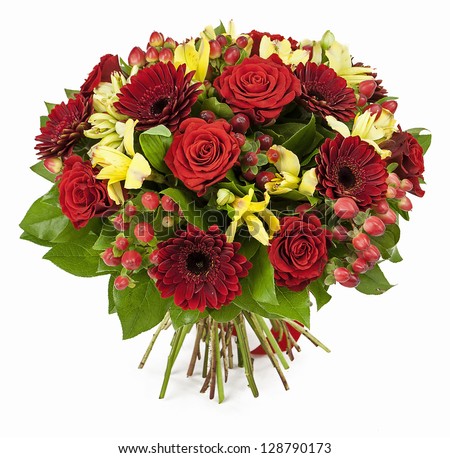Bouquet Of Red Roses And Gerberas Isolated On White