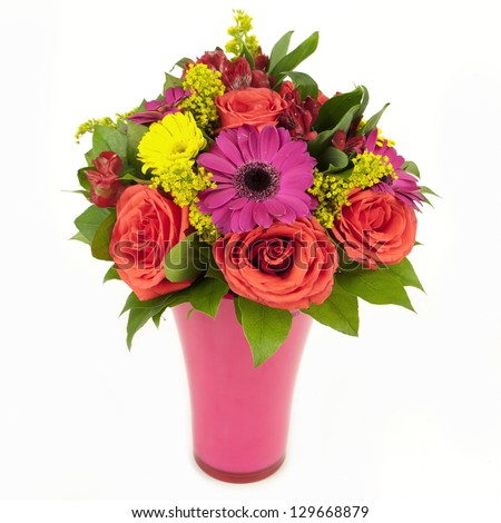 bouquet of pink and yellow flowers in vase isolated on white