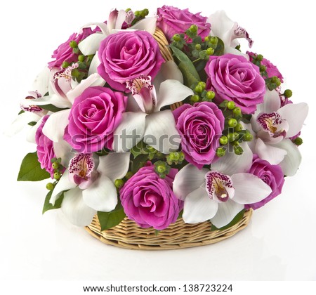 bouquet of yellow roses in basket  on white background