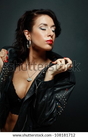Fetish Model In Sexy Outfit In Leather Rock Jacket Stock Photo