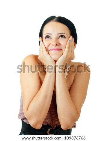 happy beautiful brunette woman excited hold her face in hands over white background