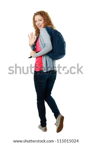 beautiful student girl walking away and saying bye-bye beautiful student girl walking away and saying bye-bye