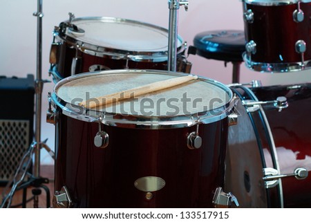 music drums instrument close up with music drums instrument drumsticks on the top