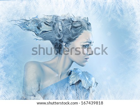 ice-queen. Young woman in creative image with silver blue artistic make-up and perfect hairstyle.
