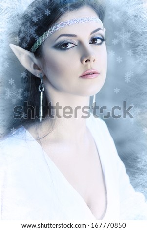 a fairy elf princess with snow ice on winter woodland area