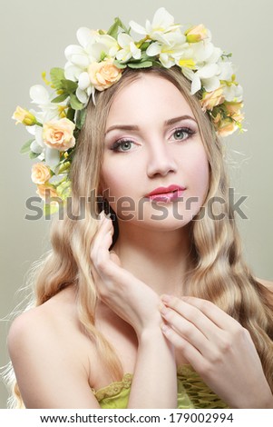 spring beauty portrait girl with wreath of flowers