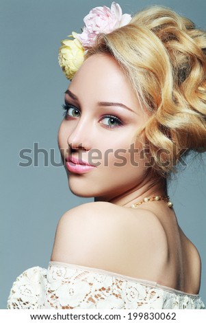 woman with pink lips with bridal make up and hairstyle