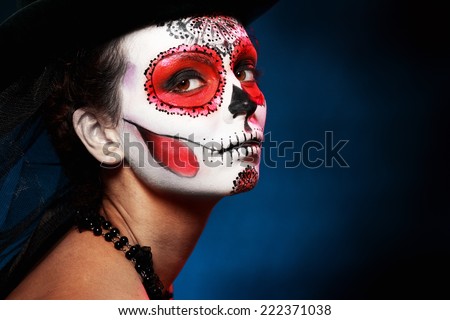 Sugar skull girl in hat halloween concept