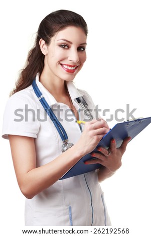 beautiful smiling woman doctor hold clipboard ready to write down