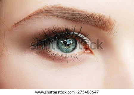 extreme closeup of green beautiful womanish eye with glamorous makeup macro