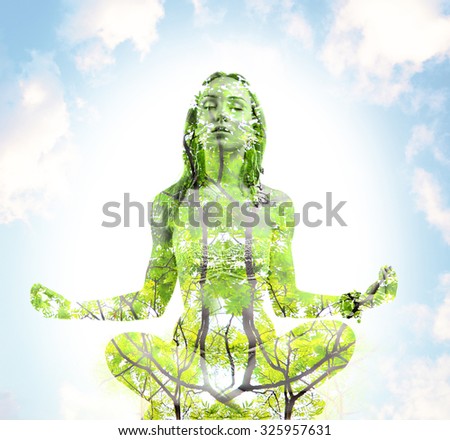 sport, fitness, yoga, double exposure and people concept - happy young woman meditating in lotus pose over blue sky and green tree background