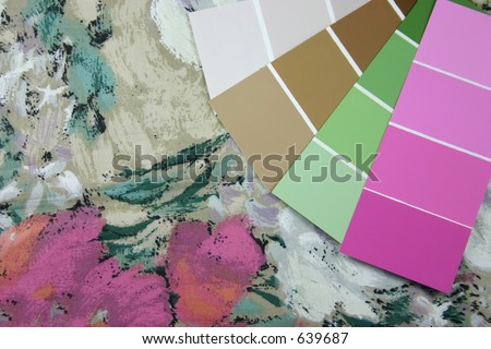 Curtain fabric and paint swatches for interior design